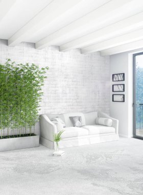 Dikey yatak odası en az ya da Loft tarzı iç tasarım. 3D render. Kavram fikir.