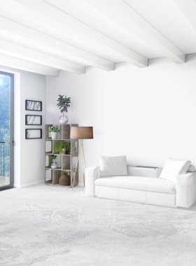 Dikey yatak odası en az ya da Loft tarzı iç tasarım. 3D render. Kavram fikir.