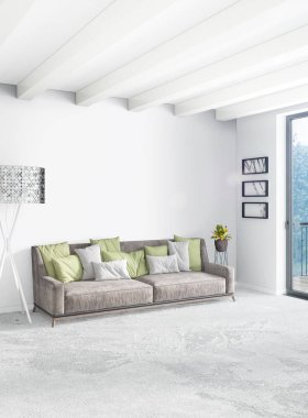 Dikey yatak odası en az ya da Loft tarzı iç tasarım. 3D render. Kavram fikir.