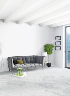 Dikey yatak odası en az ya da Loft tarzı iç tasarım. 3D render. Kavram fikir.