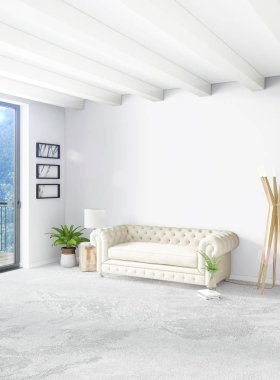 Dikey yatak odası en az ya da Loft tarzı iç tasarım. 3D render. Kavram fikir.