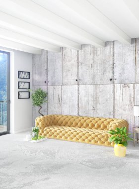 Dikey yatak odası en az ya da Loft tarzı iç tasarım. 3D render. Kavram fikir.