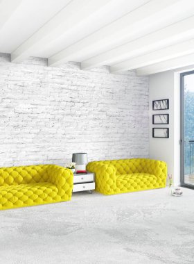 Dikey yatak odası en az ya da Loft tarzı iç tasarım. 3D render. Kavram fikir.