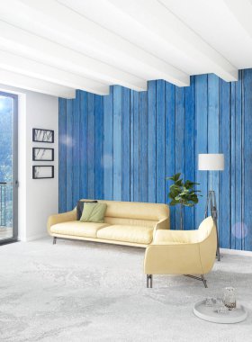 Dikey yatak odası en az ya da Loft tarzı iç tasarım. 3D render. Kavram fikir.