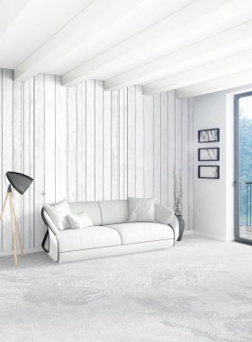 Dikey yatak odası en az ya da Loft tarzı iç tasarım. 3D render. Kavram fikir.