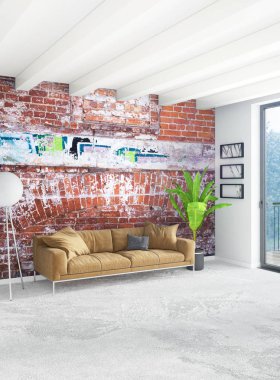 Dikey yatak odası en az ya da Loft tarzı iç tasarım. 3D render. Kavram fikir.