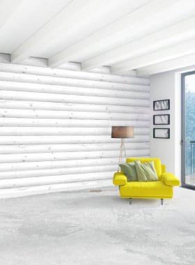 Dikey yatak odası en az ya da Loft tarzı iç tasarım. 3D render. Kavram fikir.