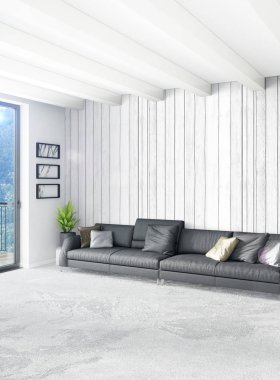 Dikey yatak odası en az ya da Loft tarzı iç tasarım. 3D render. Kavram fikir.