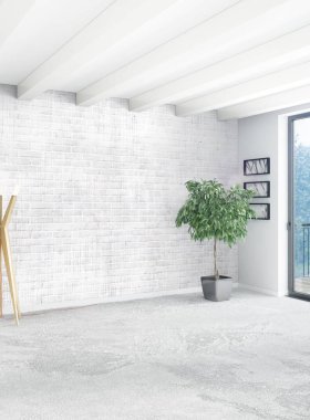 Dikey yatak odası en az ya da Loft tarzı iç tasarım. 3D render. Kavram fikir.