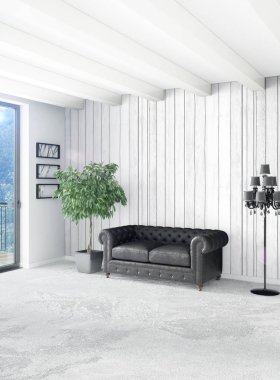 Dikey yatak odası en az ya da Loft tarzı iç tasarım. 3D render. Kavram fikir.