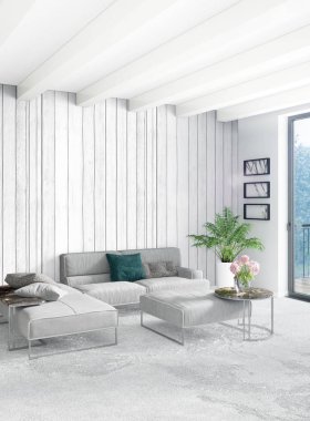 Dikey yatak odası en az ya da Loft tarzı iç tasarım. 3D render. Kavram fikir.