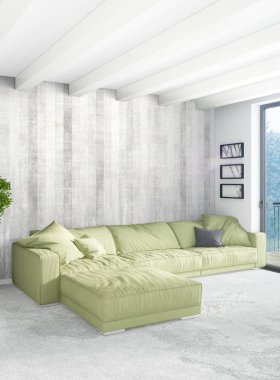 Dikey yatak odası en az ya da Loft tarzı iç tasarım. 3D render. Kavram fikir.