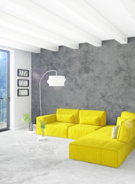 Dikey yatak odası en az ya da Loft tarzı iç tasarım. 3D render. Kavram fikir.