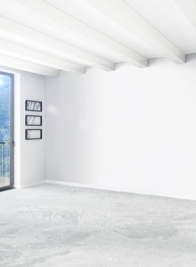 Dikey yatak odası en az ya da Loft tarzı iç tasarım. 3D render. Kavram fikir.