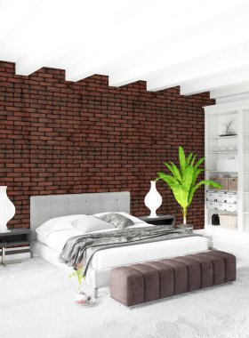 Dikey yatak odası en az ya da Loft tarzı iç tasarım. 3D render. Kavram fikir.