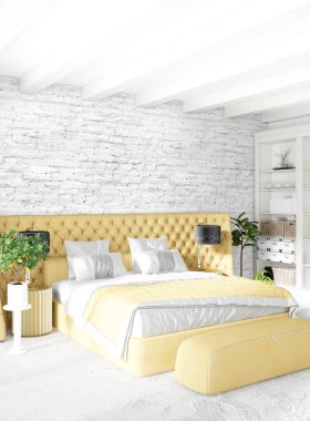 Dikey yatak odası en az ya da Loft tarzı iç tasarım. 3D render. Kavram fikir.