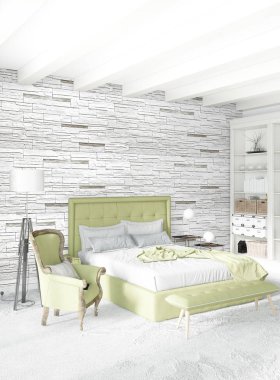 Dikey yatak odası en az ya da Loft tarzı iç tasarım. 3D render. Kavram fikir.