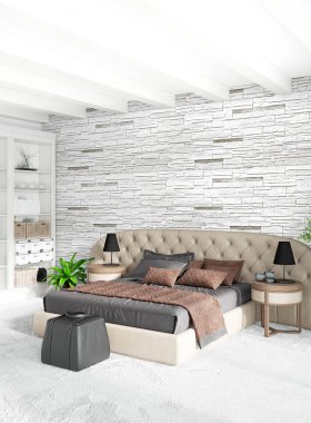 Dikey yatak odası en az ya da Loft tarzı iç tasarım. 3D render. Kavram fikir.