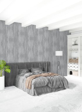 Dikey yatak odası en az ya da Loft tarzı iç tasarım. 3D render. Kavram fikir.