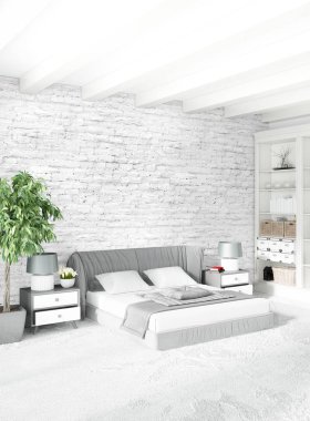 Dikey yatak odası en az ya da Loft tarzı iç tasarım. 3D render. Kavram fikir.