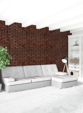 Dikey yatak odası en az ya da Loft tarzı iç tasarım. 3D render. Kavram fikir.