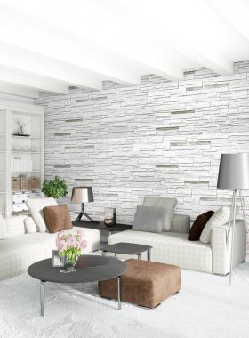 Dikey yatak odası en az ya da Loft tarzı iç tasarım. 3D render. Kavram fikir.