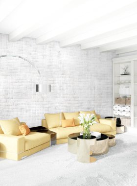 Dikey yatak odası en az ya da Loft tarzı iç tasarım. 3D render. Kavram fikir.