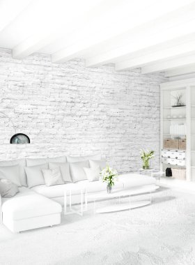 Dikey yatak odası en az ya da Loft tarzı iç tasarım. 3D render. Kavram fikir.