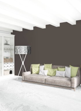 Dikey yatak odası en az ya da Loft tarzı iç tasarım. 3D render. Kavram fikir.