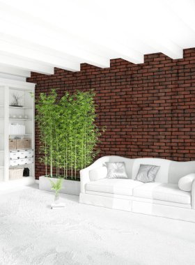 Dikey yatak odası en az ya da Loft tarzı iç tasarım. 3D render. Kavram fikir.