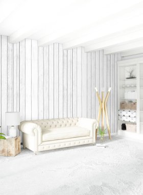 Dikey yatak odası en az ya da Loft tarzı iç tasarım. 3D render. Kavram fikir.