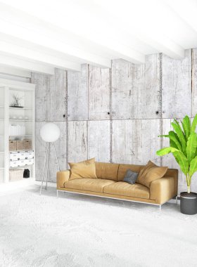 Dikey yatak odası en az ya da Loft tarzı iç tasarım. 3D render. Kavram fikir.