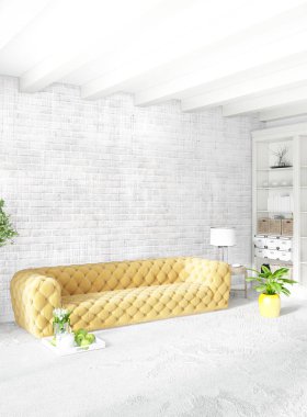 Dikey yatak odası en az ya da Loft tarzı iç tasarım. 3D render. Kavram fikir.