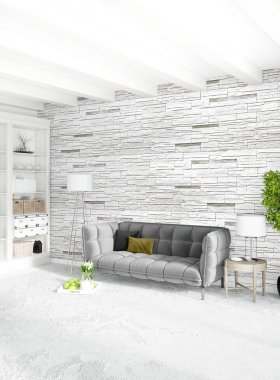 Dikey yatak odası en az ya da Loft tarzı iç tasarım. 3D render. Kavram fikir.