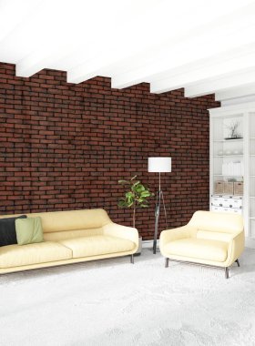 Dikey yatak odası en az ya da Loft tarzı iç tasarım. 3D render. Kavram fikir.