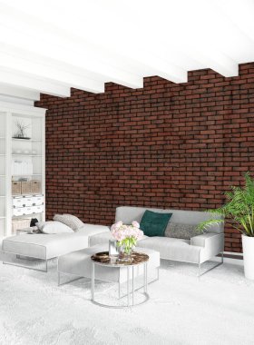 Dikey yatak odası en az ya da Loft tarzı iç tasarım. 3D render. Kavram fikir.