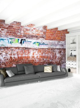 Dikey yatak odası en az ya da Loft tarzı iç tasarım. 3D render. Kavram fikir.