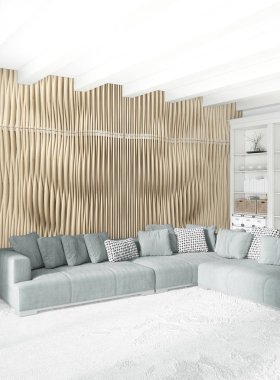 Dikey yatak odası en az ya da Loft tarzı iç tasarım. 3D render. Kavram fikir.