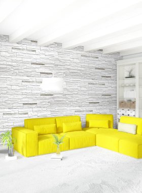 Dikey yatak odası en az ya da Loft tarzı iç tasarım. 3D render. Kavram fikir.