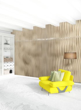 Dikey yatak odası en az ya da Loft tarzı iç tasarım. 3D render. Kavram fikir.