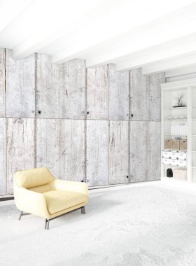 Dikey yatak odası en az ya da Loft tarzı iç tasarım. 3D render. Kavram fikir.