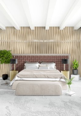 Dikey yatak odası en az ya da Loft tarzı iç tasarım. 3D render. Kavram fikir.