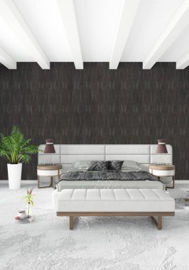 Dikey yatak odası en az ya da Loft tarzı iç tasarım. 3D render. Kavram fikir.