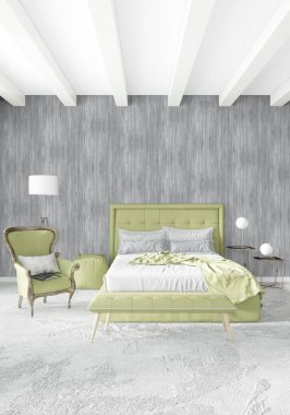 Dikey yatak odası en az ya da Loft tarzı iç tasarım. 3D render. Kavram fikir.