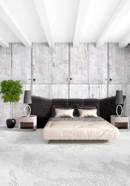 Dikey yatak odası en az ya da Loft tarzı iç tasarım. 3D render. Kavram fikir.