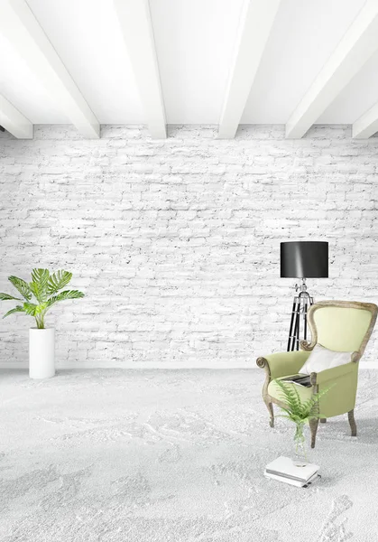 Dikey yatak odası en az ya da Loft tarzı iç tasarım. 3D render. Kavram fikir.