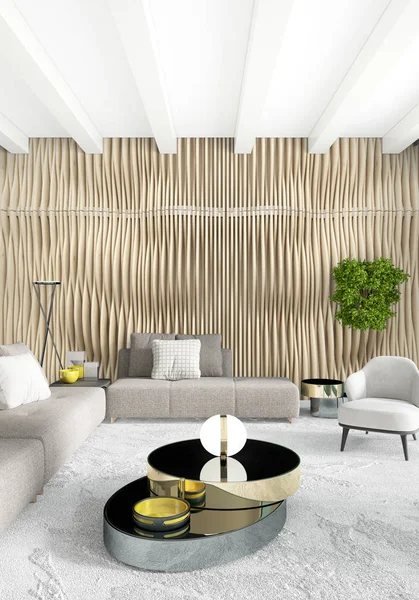 Dikey yatak odası en az ya da Loft tarzı iç tasarım. 3D render. Kavram fikir.