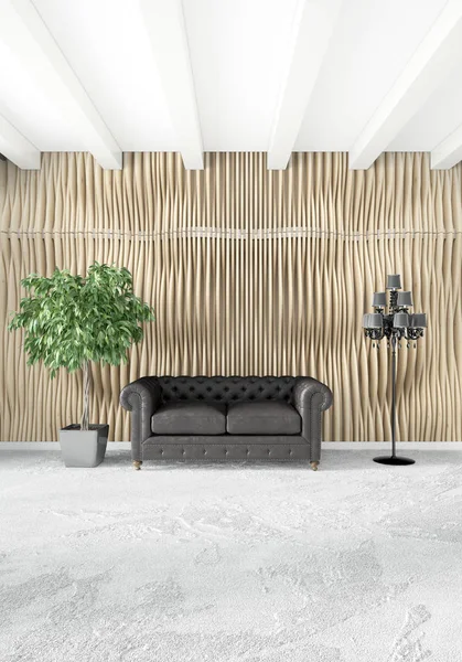 Dikey yatak odası en az ya da Loft tarzı iç tasarım. 3D render. Kavram fikir.