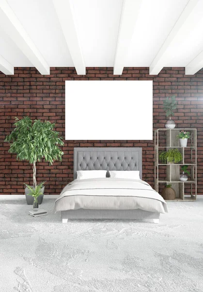 Dikey yatak odası en az ya da Loft tarzı iç tasarım. 3D render. Kavram fikir.