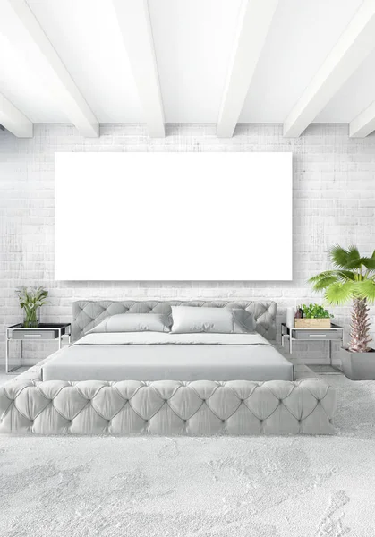 Dikey yatak odası en az ya da Loft tarzı iç tasarım. 3D render. Kavram fikir.